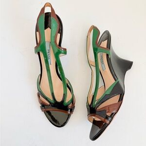 Prada Flame Patent Leather Slingback Heels Green Black Brown Wedge heels EU 37.5
